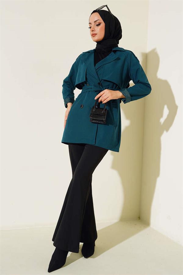  Double Breasted Short Trench Coat Emerald