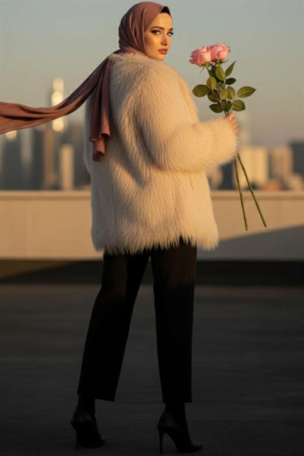 Double-breasted Fur Coat Beige