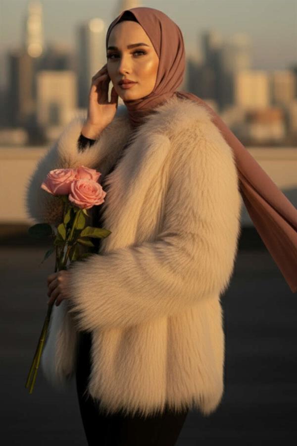 Double-breasted Fur Coat Beige