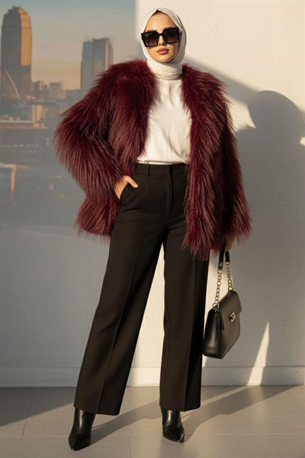 Double-breasted Fur Coat Burgundy