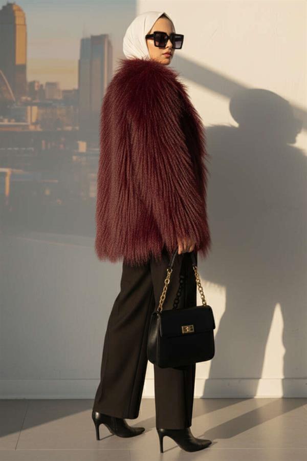Double-breasted Fur Coat Burgundy