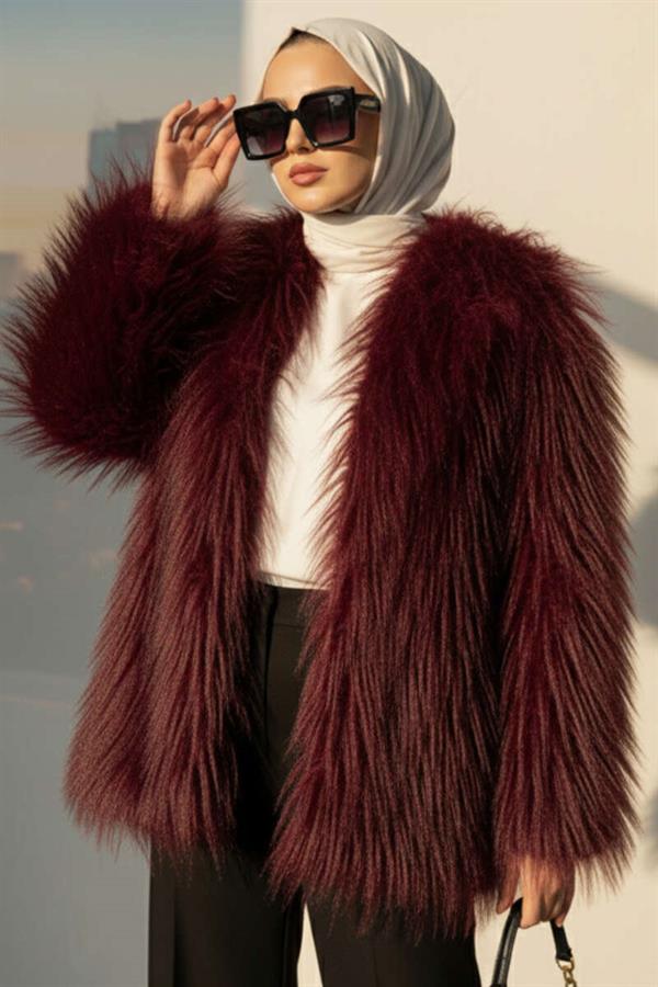 Double-breasted Fur Coat Burgundy