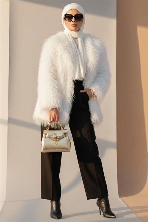 Double-breasted Fur Coat in Ecru
