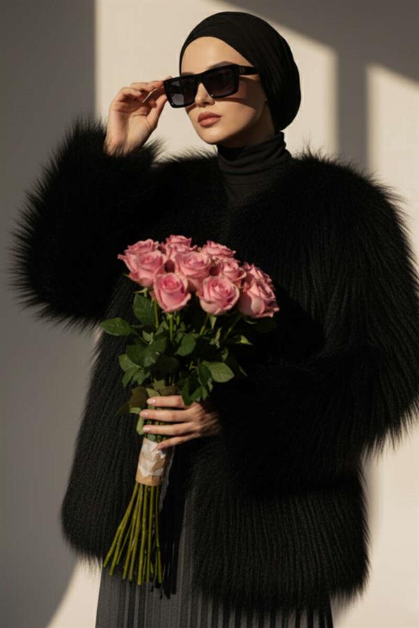 Double-breasted Fur Coat Black