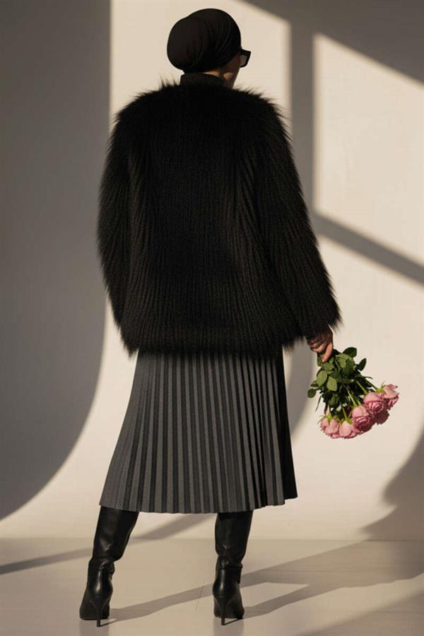 Double-breasted Fur Coat Black