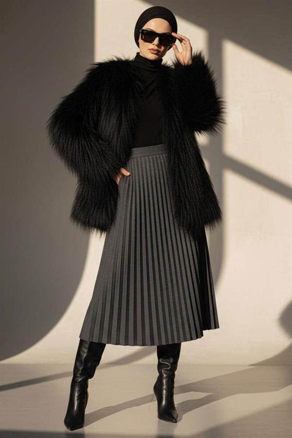 Double-breasted Fur Coat Black