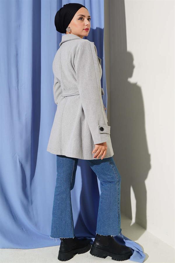 Double-Breasted Belt Detailed Short Cashmere Coat in Gray