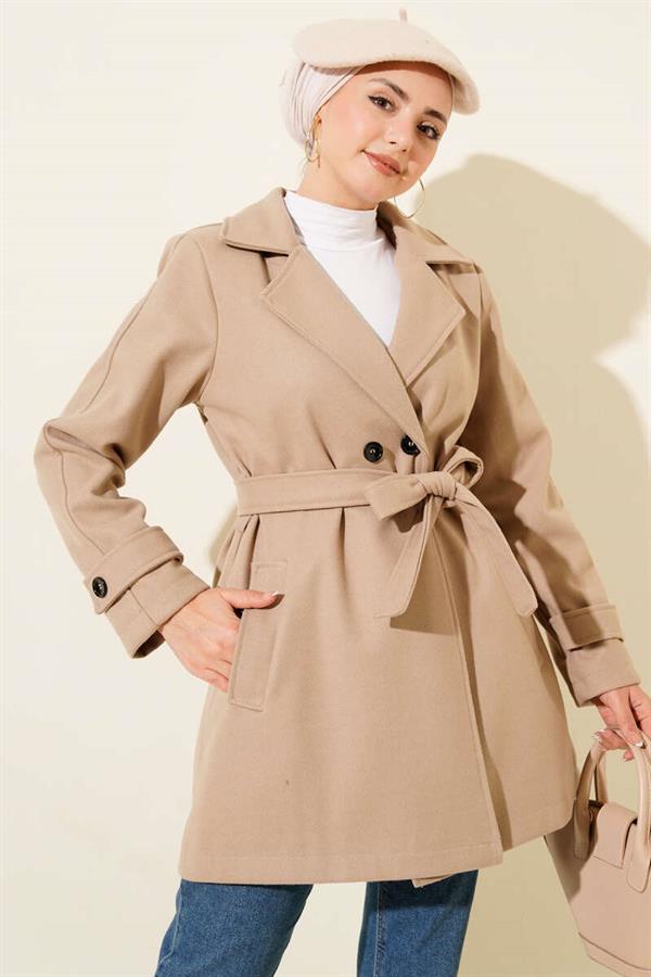 Double-Breasted Belt Detailed Short Cashmere Coat Beige