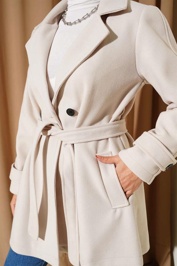 Double Breasted Belt Detailed Short Cashmere Coat in Stone