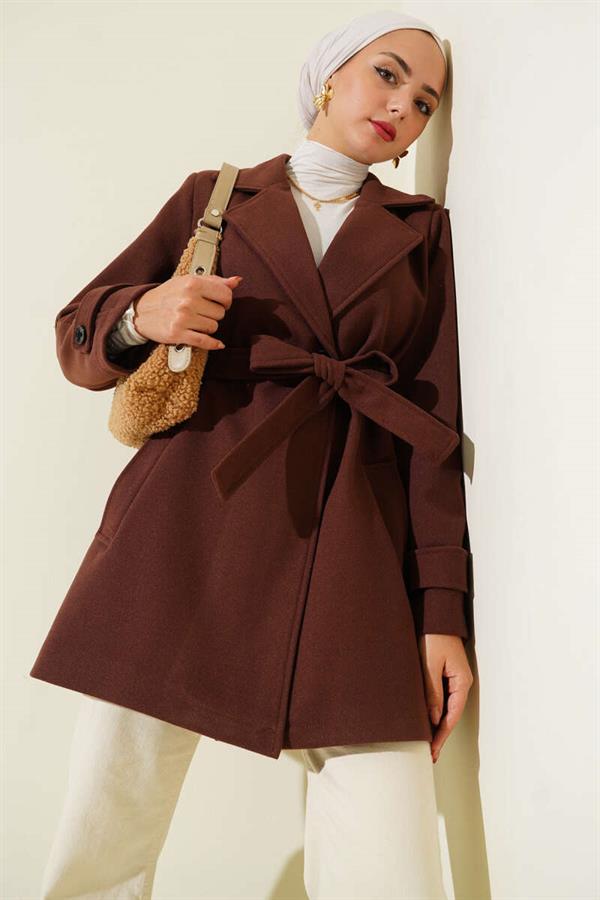 Double-Breasted Belt Detailed Short Cashmere Coat Brown