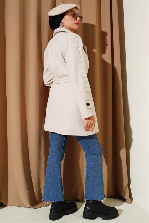 Double Breasted Belt Detailed Short Cashmere Coat in Stone