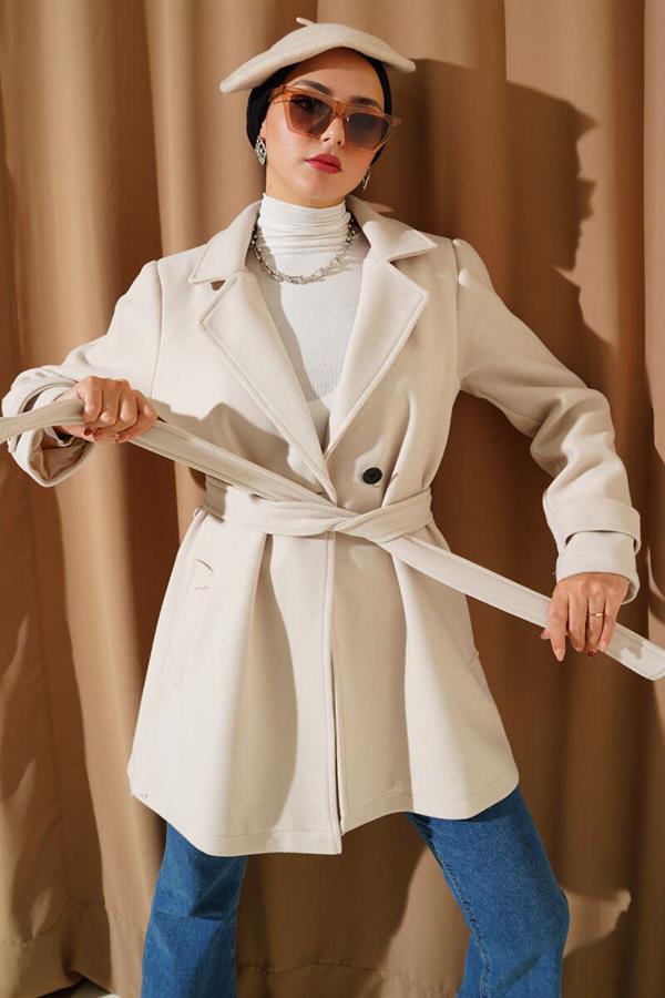 Double Breasted Belt Detailed Short Cashmere Coat in Stone