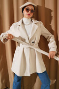Double Breasted Belt Detailed Short Cashmere Coat in Stone