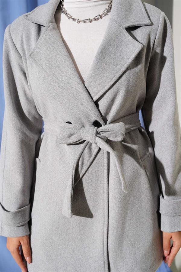 Double-Breasted Belt Detailed Short Cashmere Coat in Gray