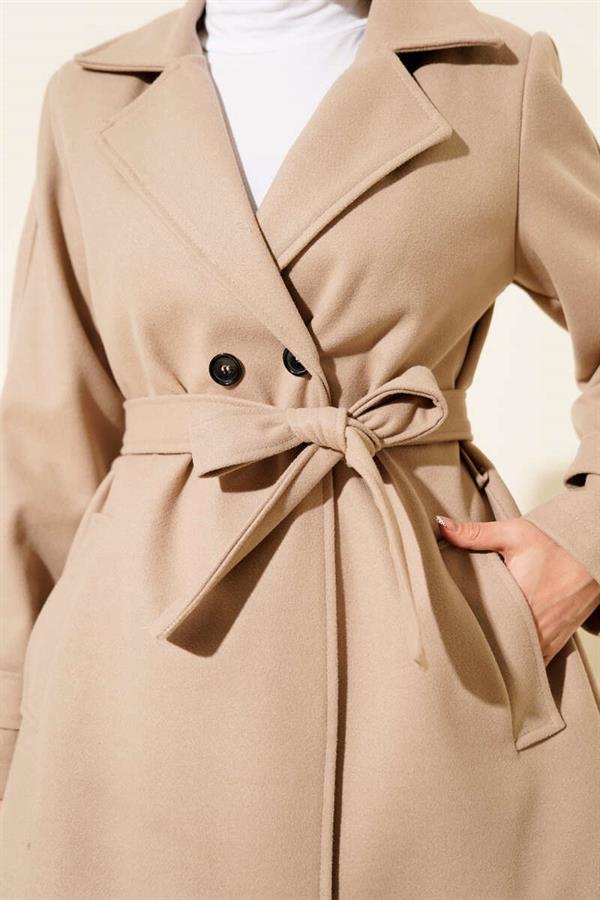Double-Breasted Belt Detailed Short Cashmere Coat Beige