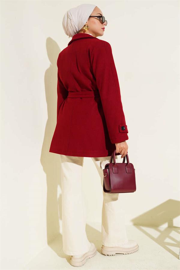 Double-Breasted Belt Detailed Short Cashmere Coat Red
