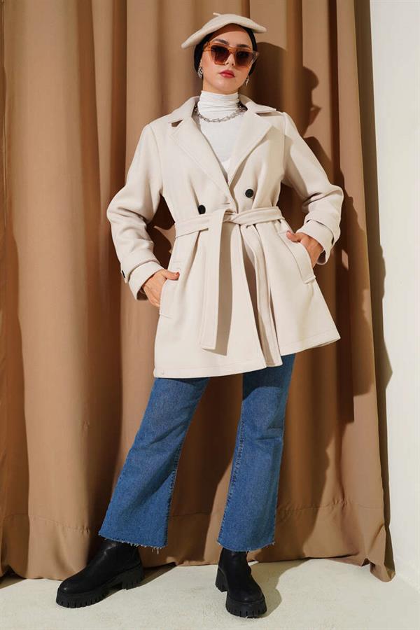 Double Breasted Belt Detailed Short Cashmere Coat in Stone