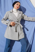 Double-Breasted Belt Detailed Short Cashmere Coat in Gray