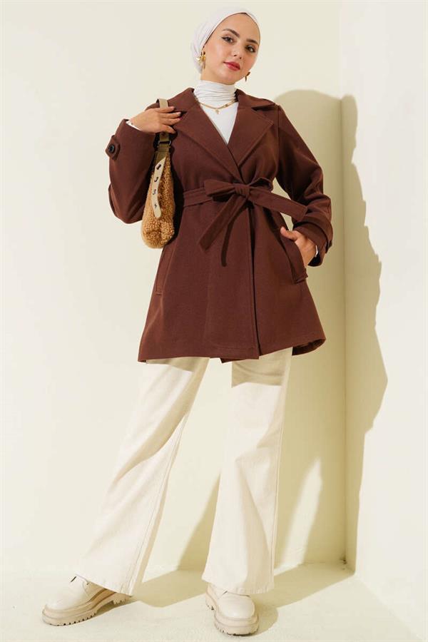 Double-Breasted Belt Detailed Short Cashmere Coat Brown