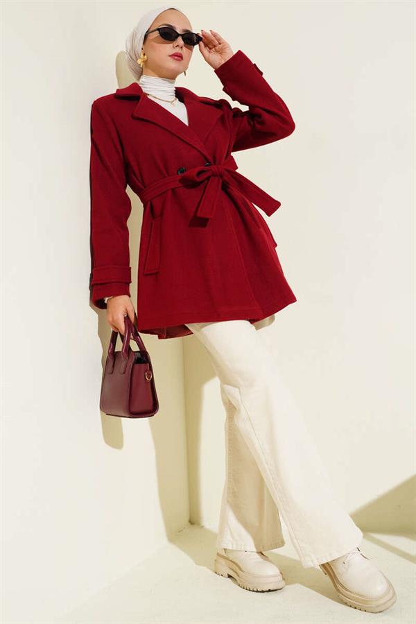 Double-Breasted Belt Detailed Short Cashmere Coat Red