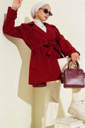 Double-Breasted Belt Detailed Short Cashmere Coat Red