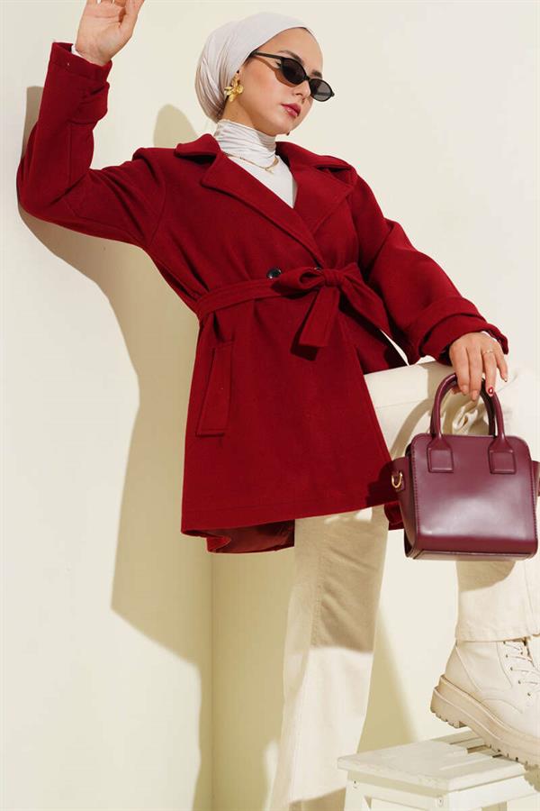 Double-Breasted Belt Detailed Short Cashmere Coat Red
