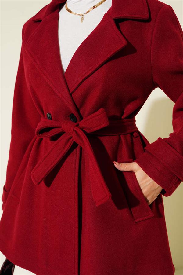 Double-Breasted Belt Detailed Short Cashmere Coat Red