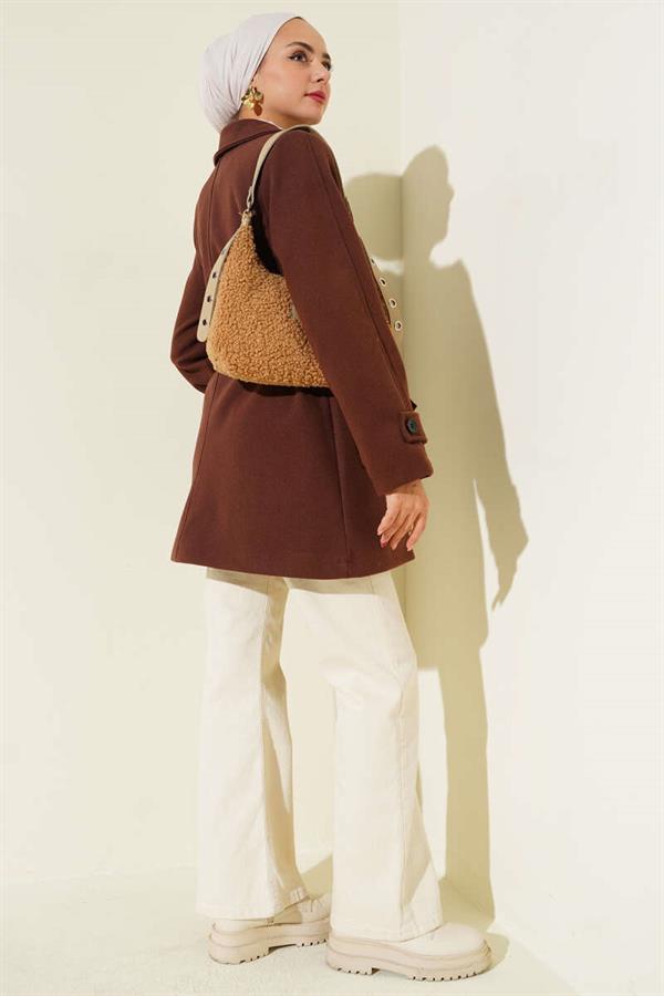 Double-Breasted Belt Detailed Short Cashmere Coat Brown
