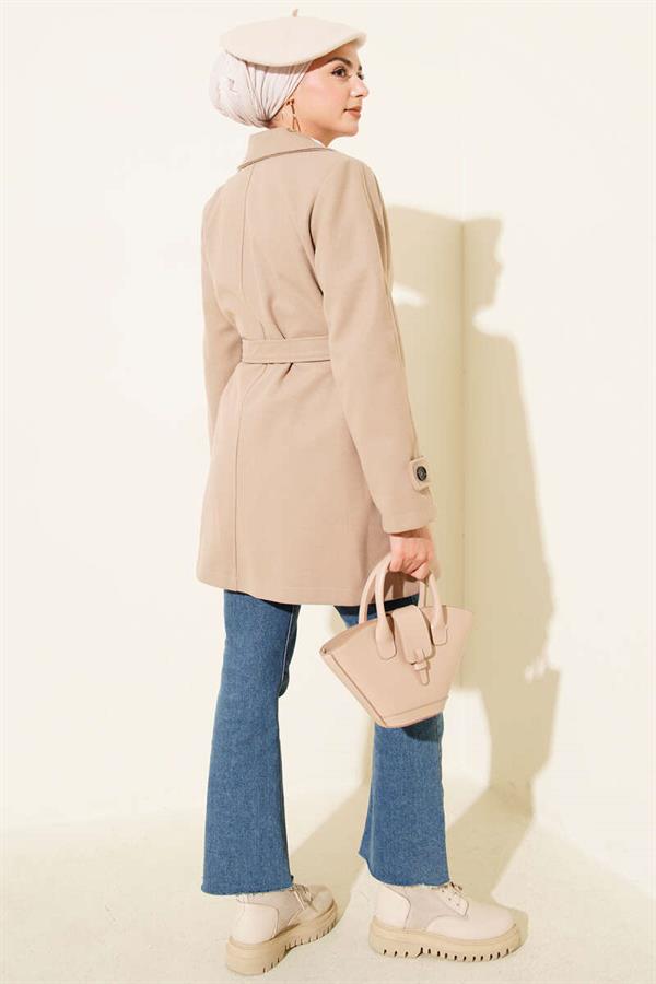 Double-Breasted Belt Detailed Short Cashmere Coat Beige