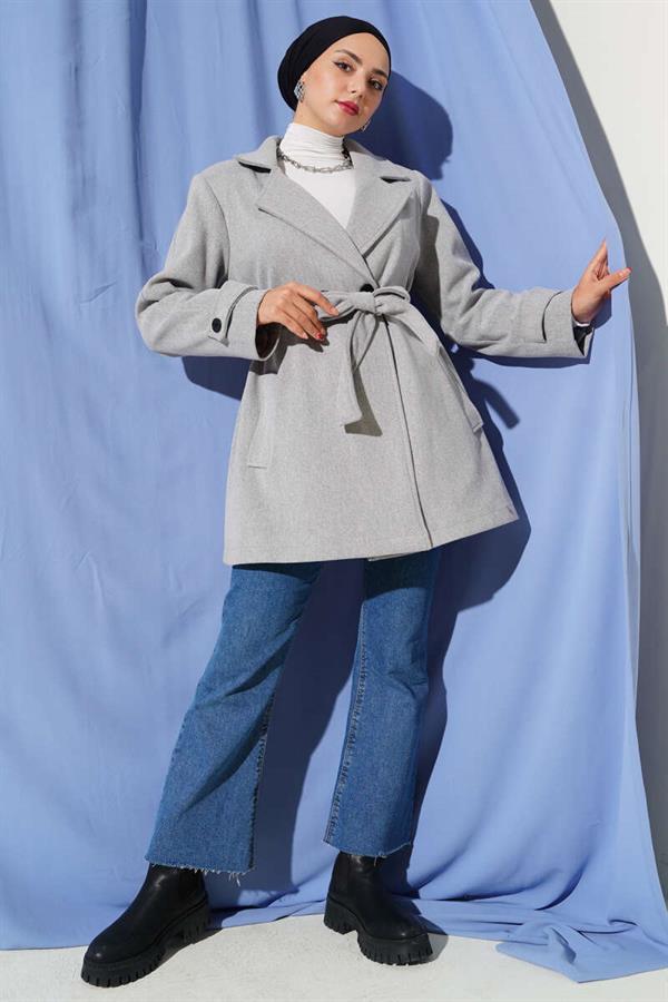 Double-Breasted Belt Detailed Short Cashmere Coat in Gray