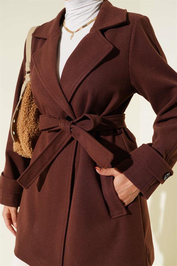 Double-Breasted Belt Detailed Short Cashmere Coat Brown