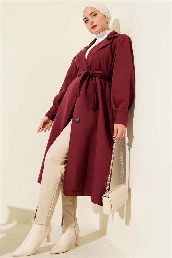 Double-Breasted Belt Detailed Trench Coat Burgundy