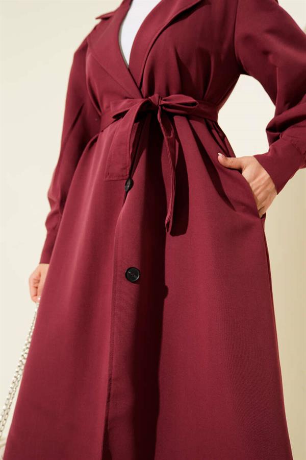 Double-Breasted Belt Detailed Trench Coat Burgundy