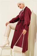Double-Breasted Belt Detailed Trench Coat Burgundy