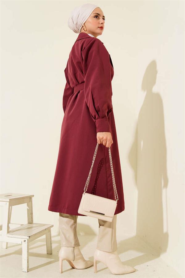 Double-Breasted Belt Detailed Trench Coat Burgundy