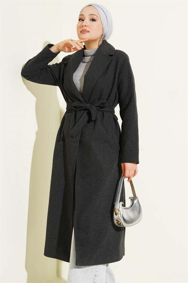 Double-Breasted Belted Lined Coat Anthracite