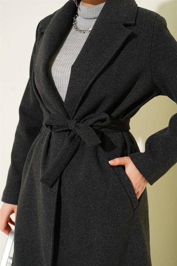Double-Breasted Belted Lined Coat Anthracite