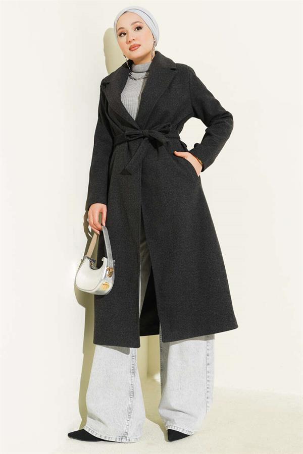 Double-Breasted Belted Lined Coat Anthracite
