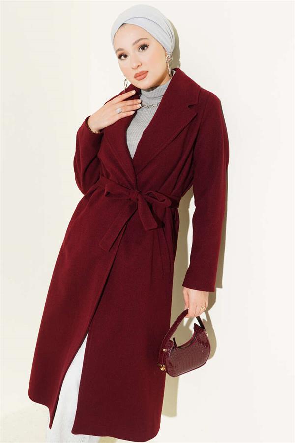 Double-Breasted Belted Lined Coat Burgundy