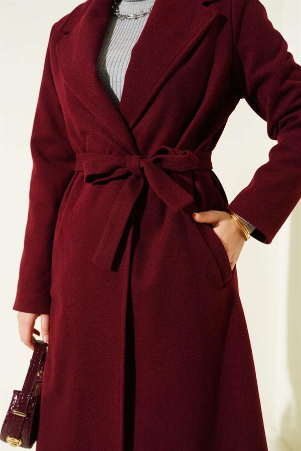 Double-Breasted Belted Lined Coat Burgundy