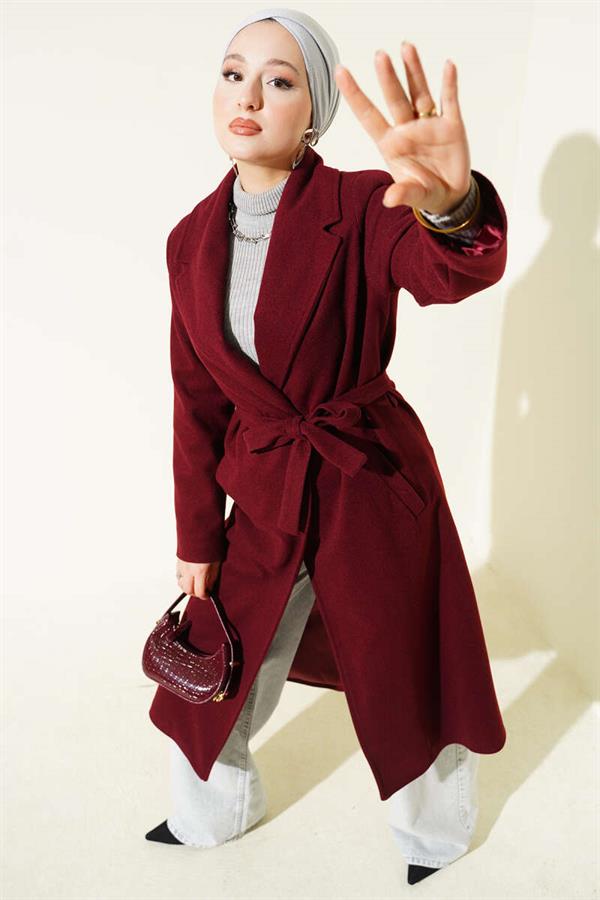 Double-Breasted Belted Lined Coat Burgundy