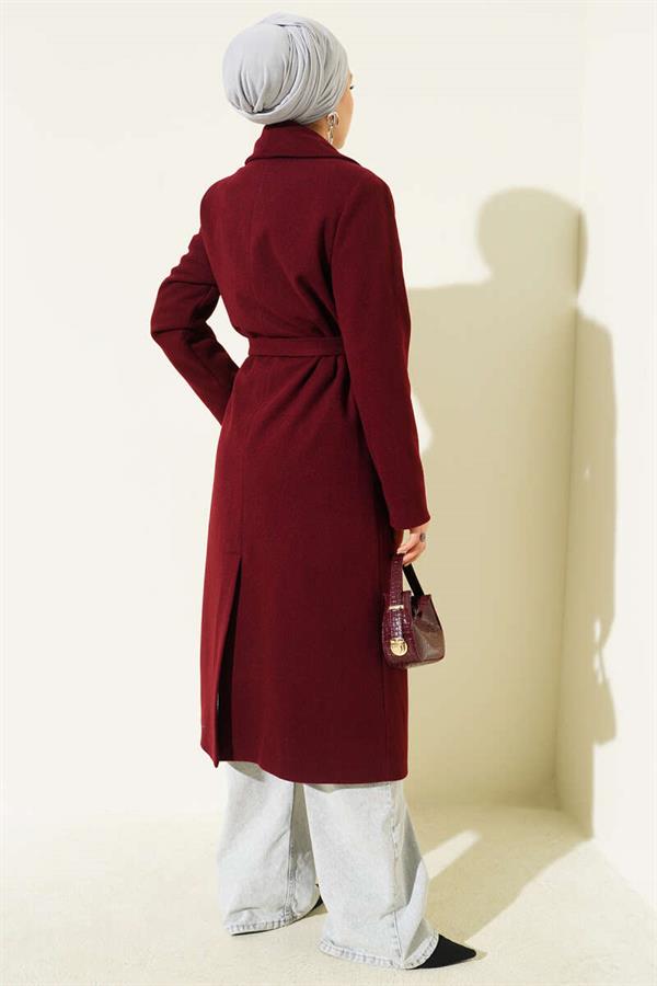 Double-Breasted Belted Lined Coat Burgundy