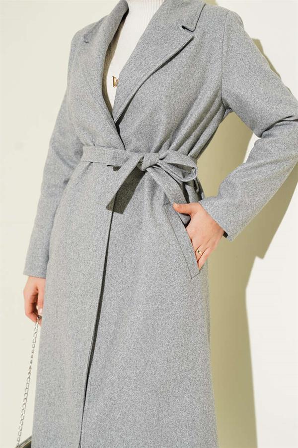 Double-Breasted Belted Lined Coat Gray
