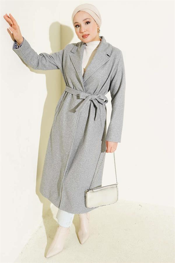 Double-Breasted Belted Lined Coat Gray