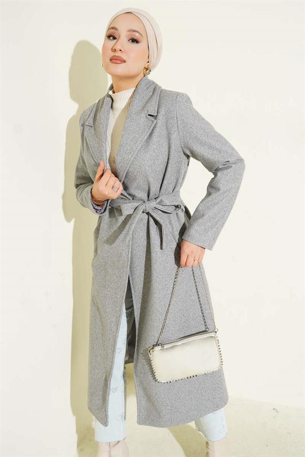 Double-Breasted Belted Lined Coat Gray