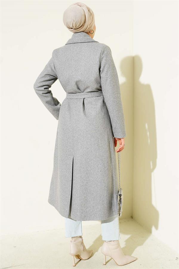 Double-Breasted Belted Lined Coat Gray