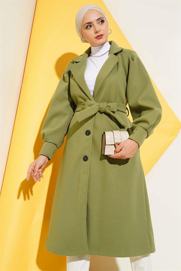 Double Breasted Belted Lined Cashmere Coat Almond Green