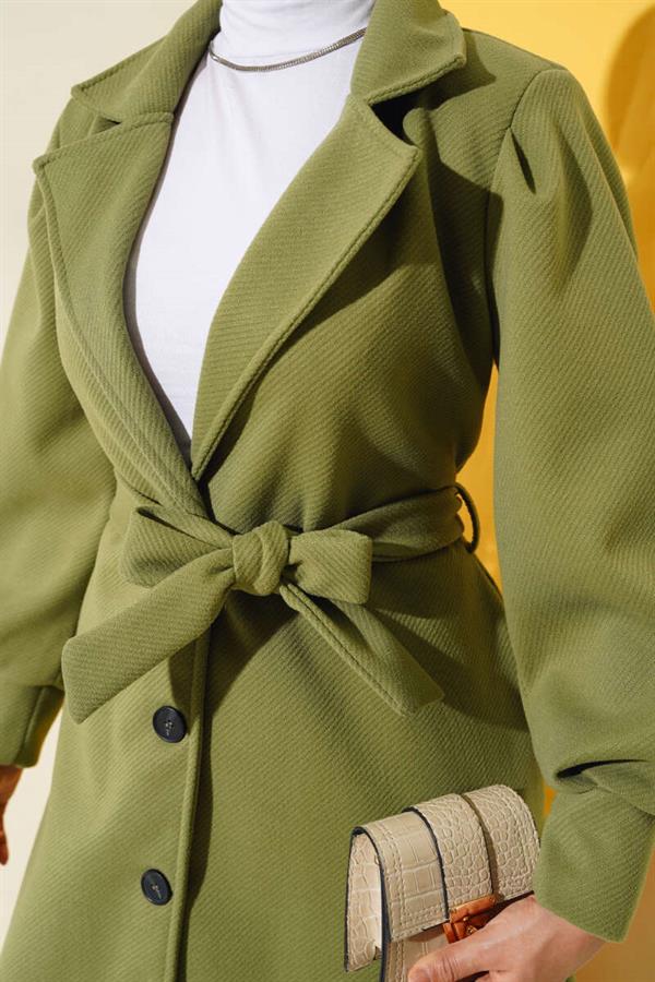Double Breasted Belted Lined Cashmere Coat Almond Green