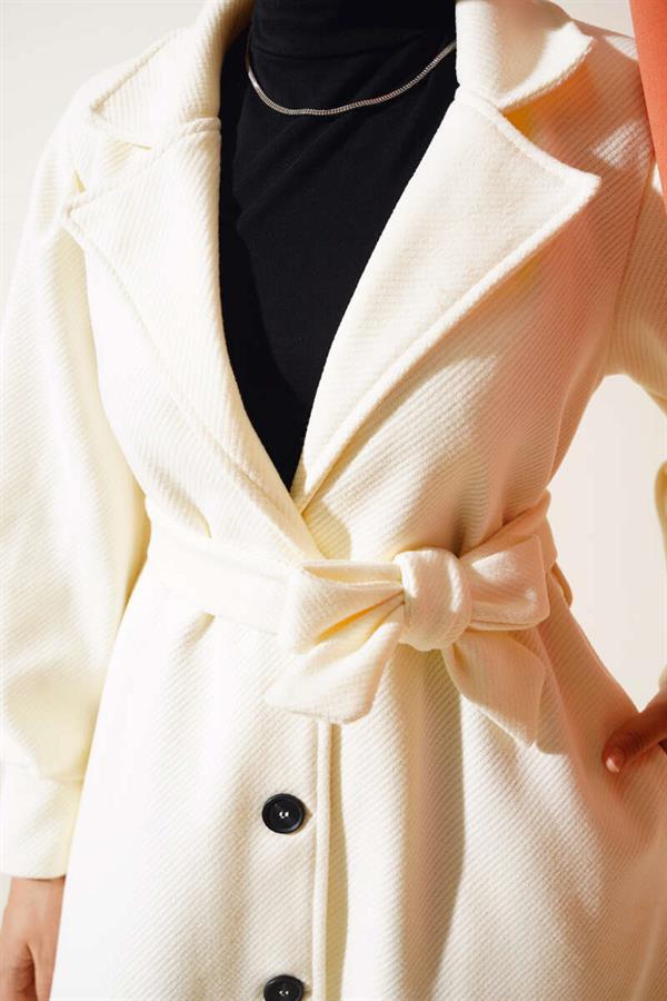 Double Breasted Belted Lined Cashmere Coat Ecru