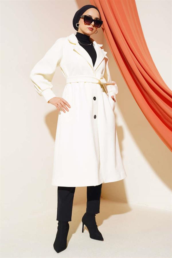 Double Breasted Belted Lined Cashmere Coat Ecru